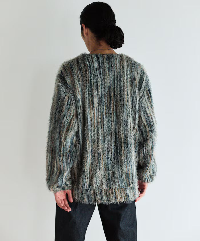 Relaxed Fit Shaggy Knit Multi-Stripe Cardigan