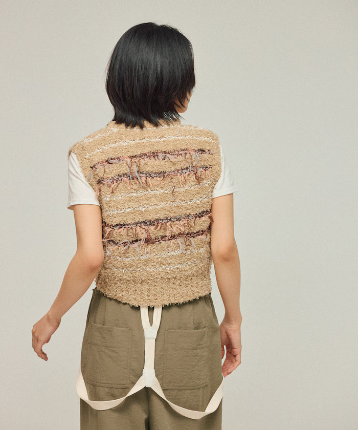 Mixed Material Fringe Knit Vest / Striped Knit Vest 25AW