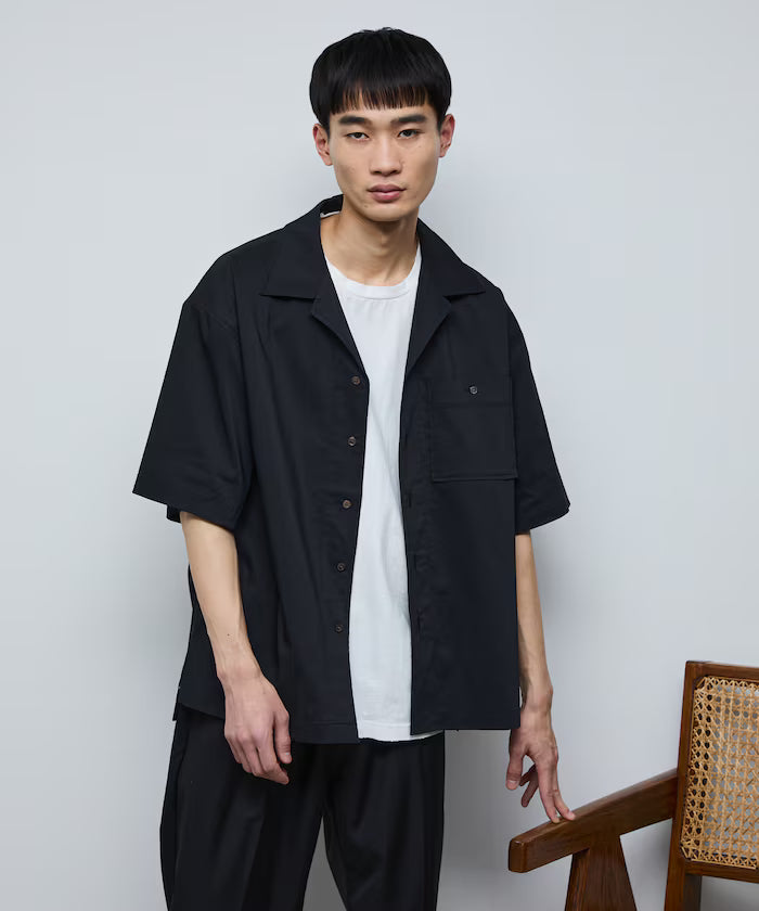 Ramie Blend Oversize Short Sleeve Open Collar Shirt / Easy Care Shirt / Linen Blend Short Sleeve Shirt - Black