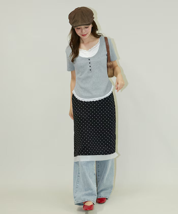 Short Sleeve Lace Layered Style Henley Neck T-Shirt Limited Edition