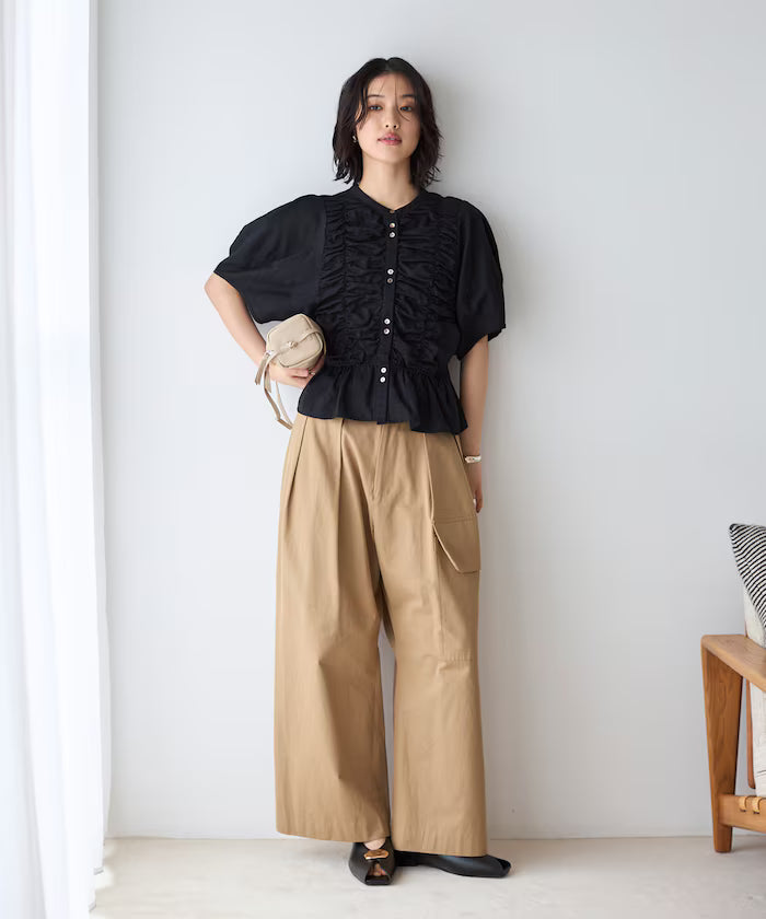Sheer Shirring Volume Sleeve Blouse / 5 Short Sleeves