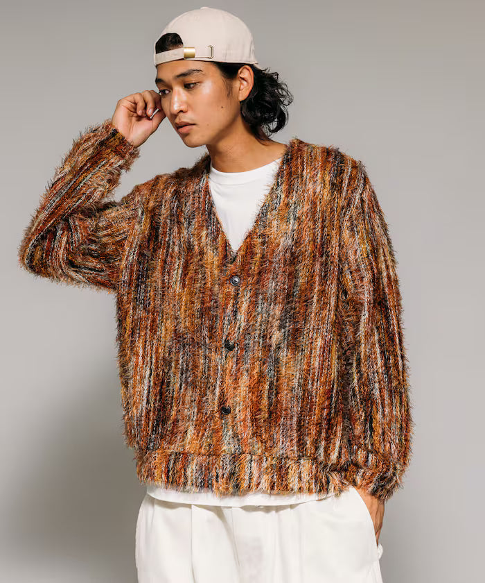 Relaxed Fit Shaggy Knit Multi-Stripe Cardigan - Red