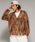 Relaxed Fit Shaggy Knit Multi-Stripe Cardigan - Red
