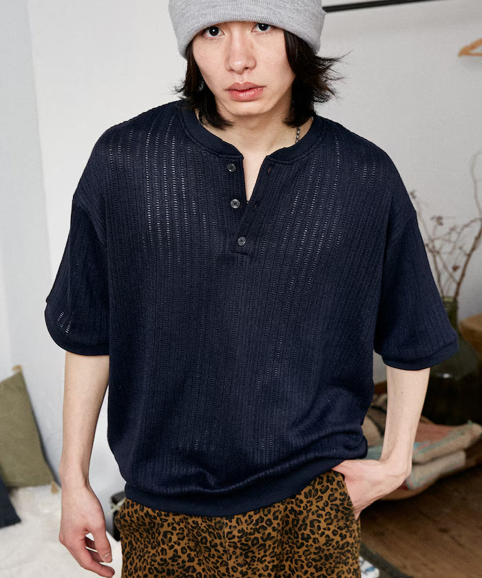 LOVE POP STUDIO Pattern Mesh Henley Neck T-Shirt Limited Release