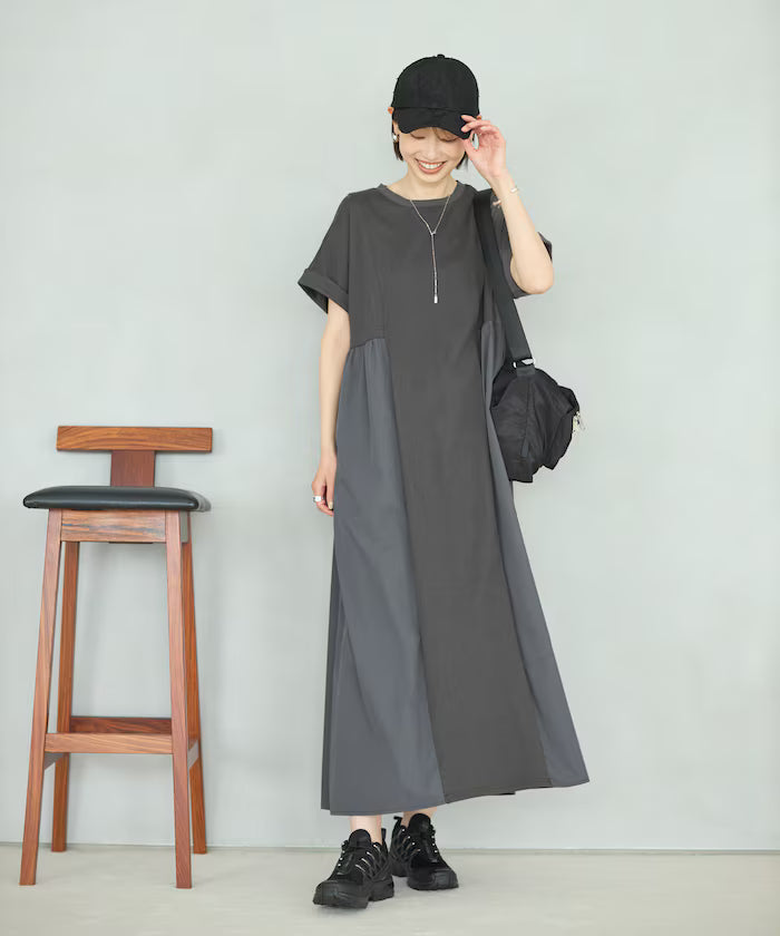 Organic Cotton Mixed Material Docking Gathered Dress