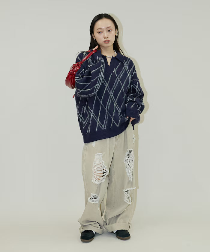 Checked pattern mohair touch skimmer knit limited edition