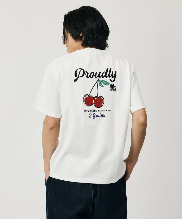 Relaxed Fit Design Back Embroidery Crew Neck T-Shirt / Cherry / Ringer 【Limited Edition】