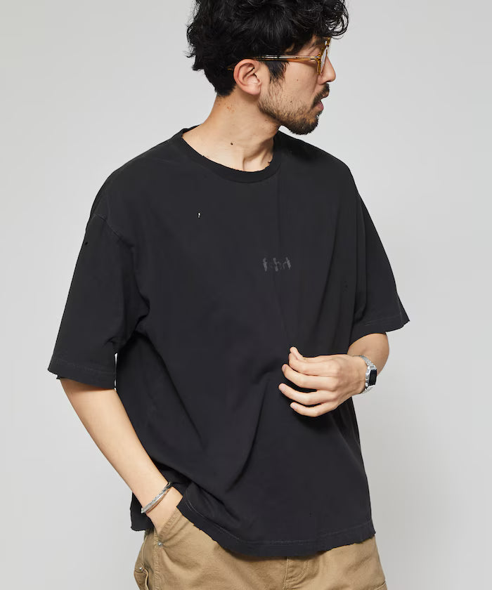 7.3 oz damaged processed front logo print short sleeve T-shirt / oversized crew neck short sleeve T-shirt