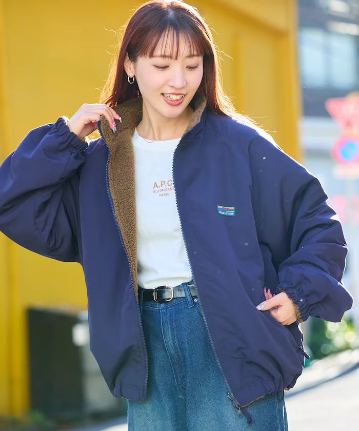 Relaxed Fit Nylon Fleece Reversible Stand Blouson [Limited Edition] - Navy