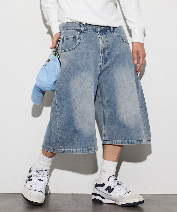 Wide Silhouette Vintage Processed Cropped Curve Denim Shorts - Navy