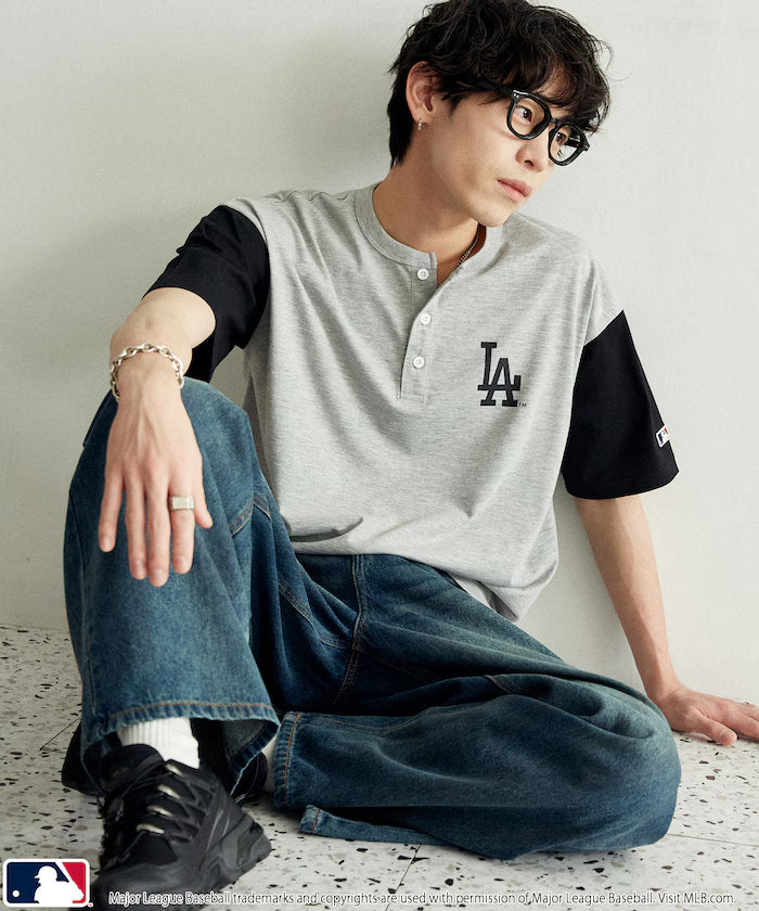 Limited Edition Custom MLB Logo Print Henley Neck Oversized T-Shirt