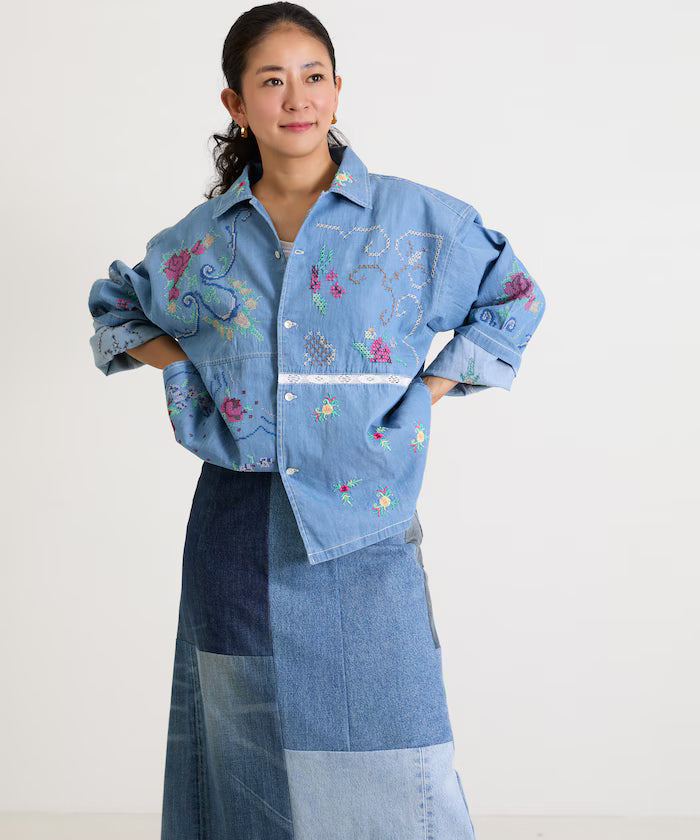 Open Collar Embroidered Shirt Jacket