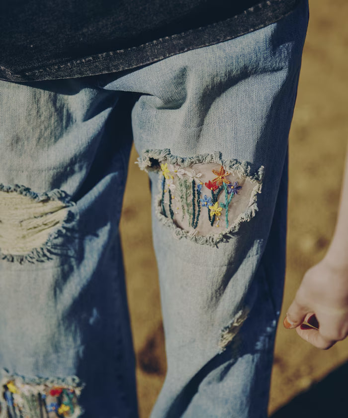 Flower Embroidery Wide Denim - Blue