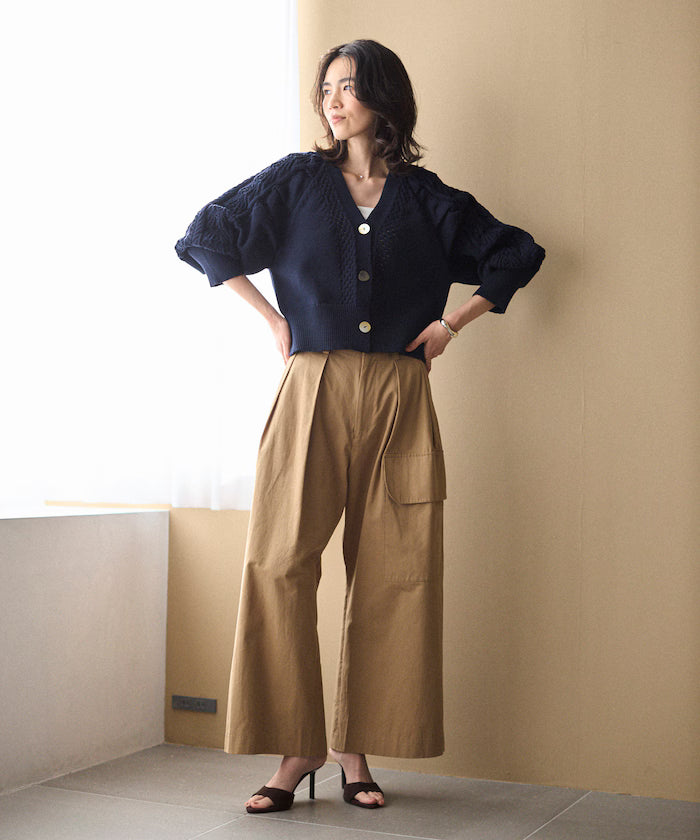 Variation Button Volume Sleeve Cable Knit Cardigan