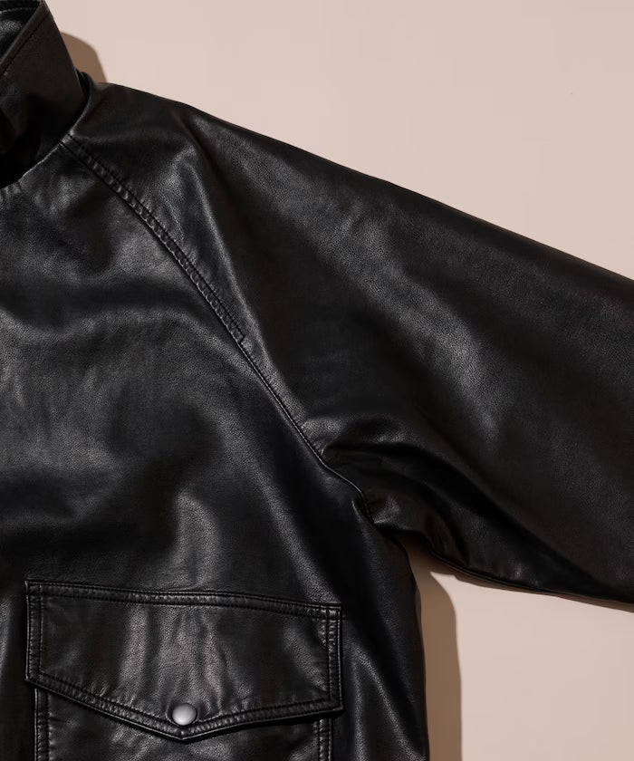Washed processed leather red stand collar zip-up short blouson