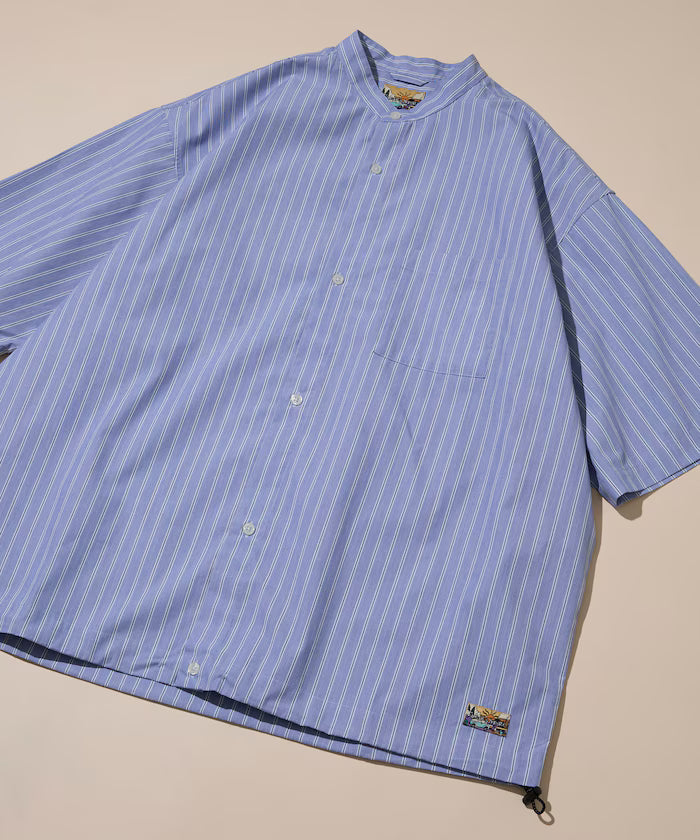 Typewriter Spindle Band Collar Stripe Short Sleeve Shirt