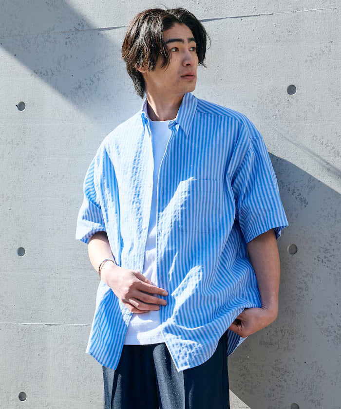 Relax Fit Regular Collar Sheer Seersucker Short Sleeve Shirt 【Limited Edition】