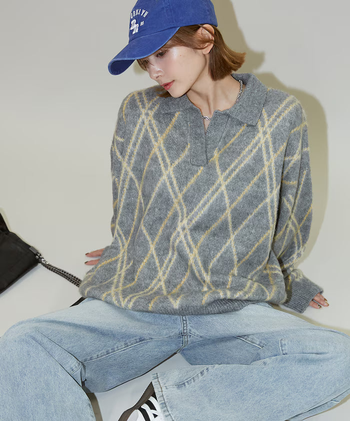 Checked pattern mohair touch skimmer knit limited edition