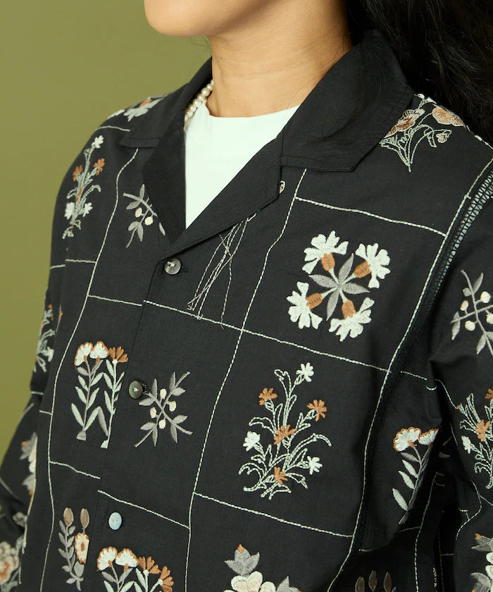 Patchwork Floral Embroidery Long Sleeve Shirt