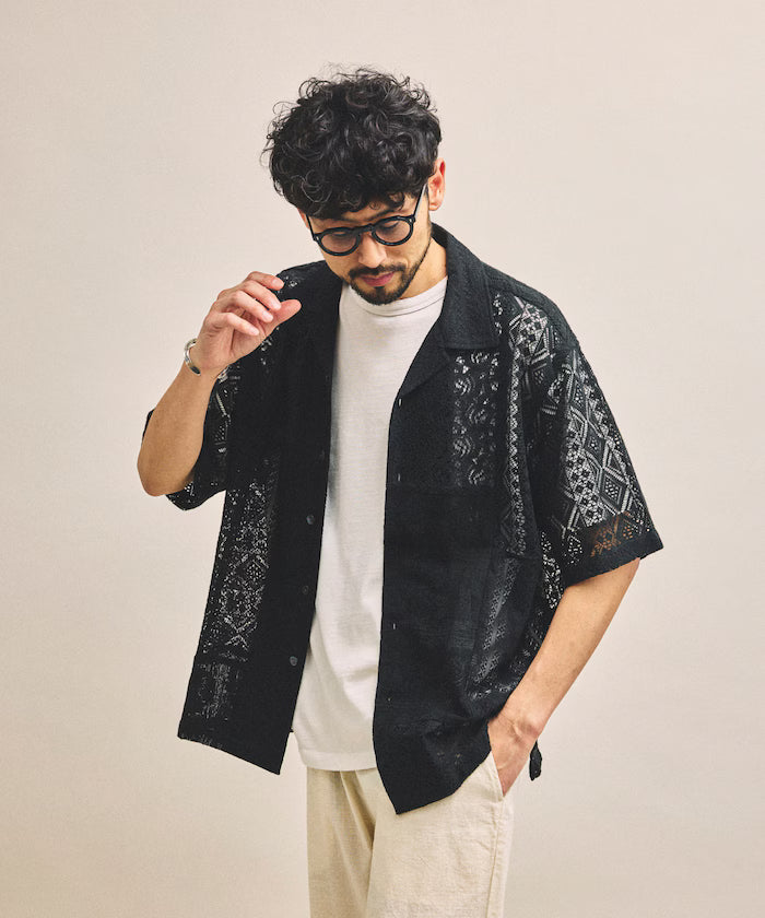 India-made Patchwork Lace Sheer Relaxed Fit Open Collar Shirt Short Sleeve