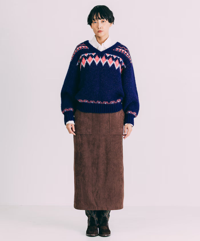 V-neck color block Nordic pattern knit
