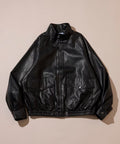 Washed processed leather red stand collar zip-up short blouson - Black