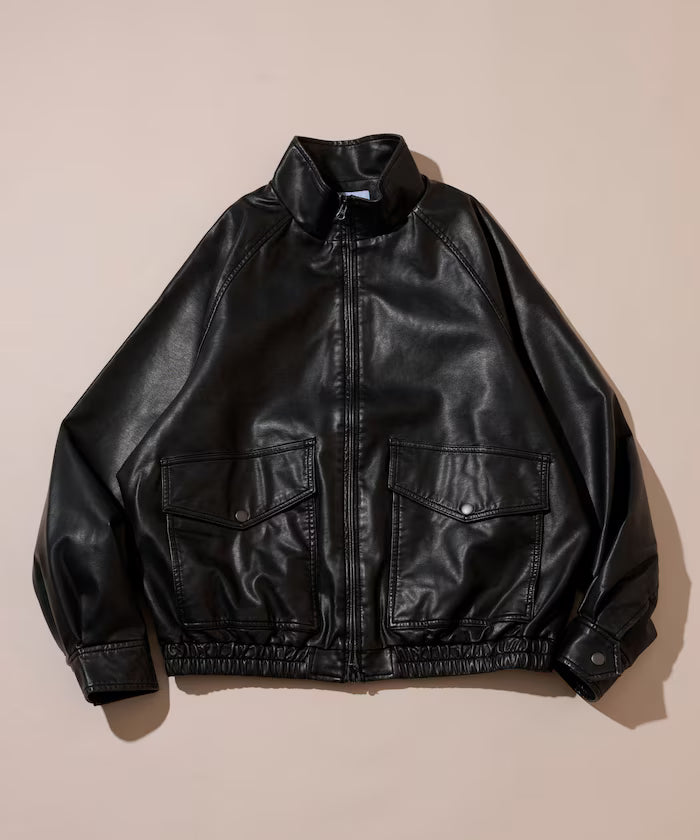 Washed processed leather red stand collar zip-up short blouson - Black