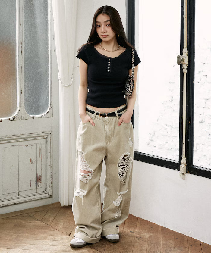 Collar Lace Contrast Henry Rib T-Shirt