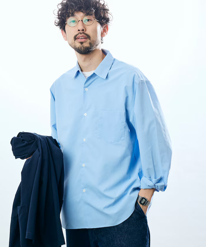 AIRDRY HIGH TECHYARN high-performance material broad regular color shirt long sleeve/quick-drying/heat shielding - Sax Blue