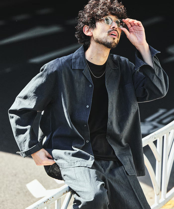 LINEN COTTON OPEN COLLAR SHIRT【Compatible with setups】