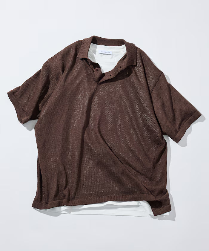 Sheer Knit Polo Shirt & Cotton T-Shirt Layered Set - Brown