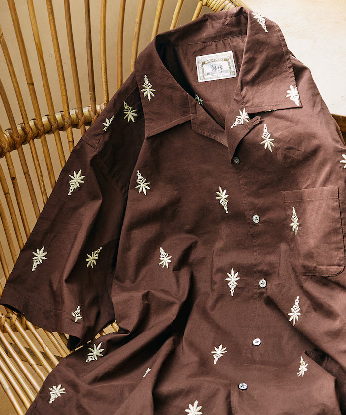 India-made all-over pattern embroidered relax-fit open collar short sleeve shirt