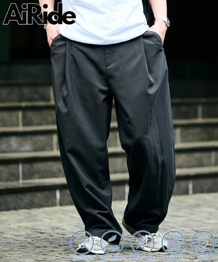 AiRide/Wide Silhouette Pocketable Tuck Slacks Pants/Quick-dry/UV Cut [Limited Edition] - Black