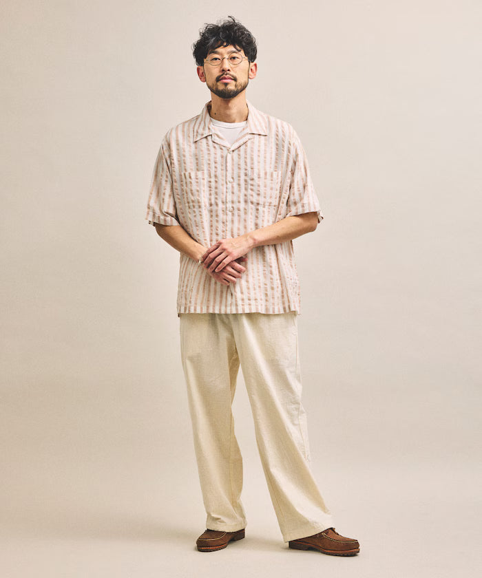 Indian-made Relaxed Fit Wide Stripe Sheer Sucker Open Collar Short Sleeve Shirt