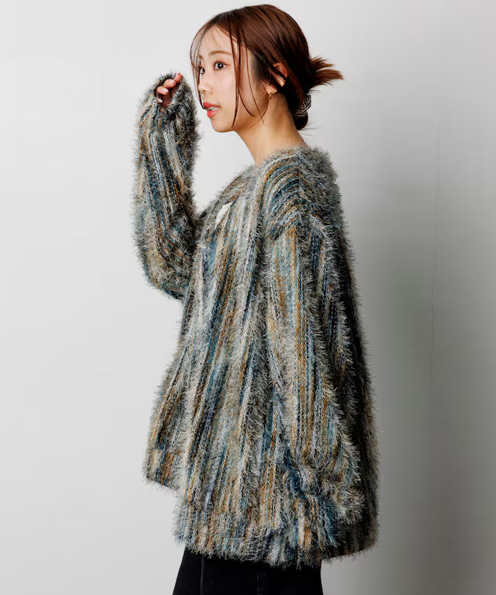 Relaxed Fit Shaggy Knit Multi-Stripe Cardigan