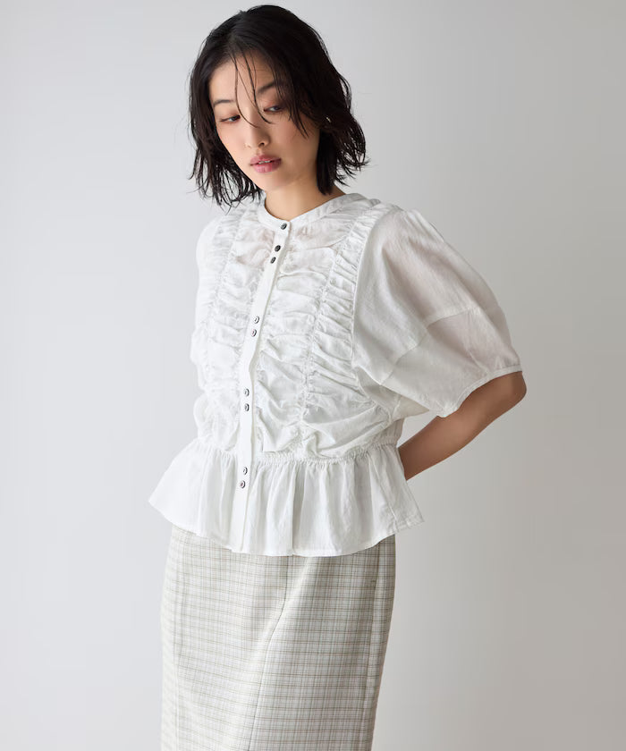 Sheer Shirring Volume Sleeve Blouse / 5 Short Sleeves