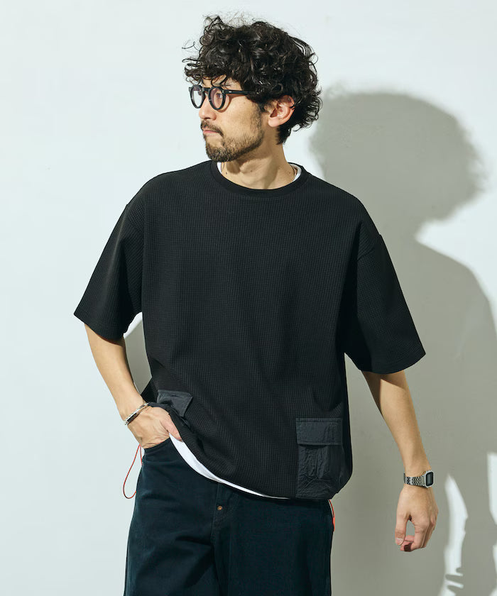 Side Pocket Spindle Tech Thermal Short Sleeve T-Shirt / Big Silhouette - Black