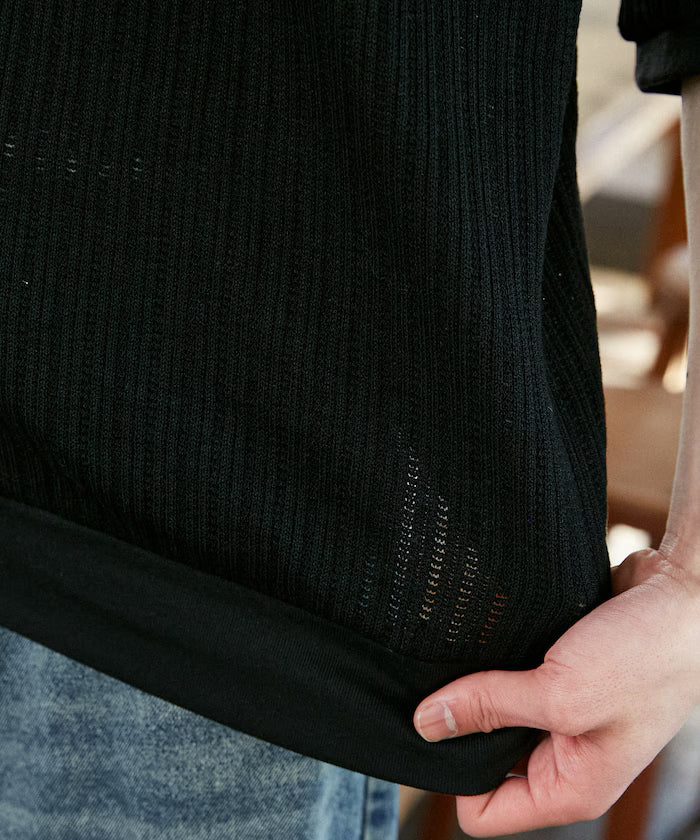 LOVE POP STUDIO Pattern Mesh Henley Neck T-Shirt Limited Release