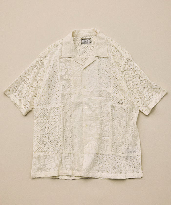 India-made Patchwork Lace Sheer Relaxed Fit Open Collar Shirt Short Sleeve
