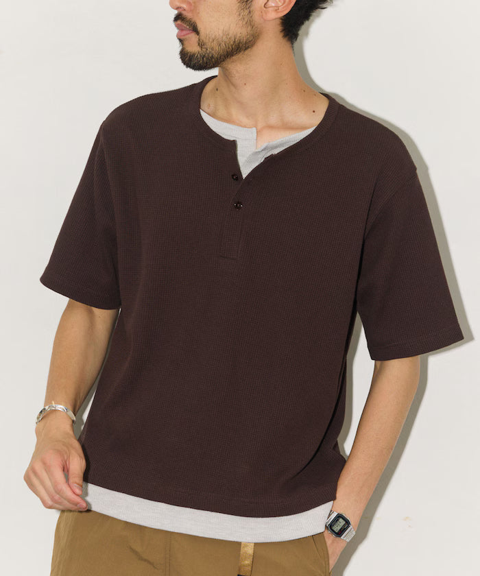 Waffle Fake Layered Henry Neck T-Shirt