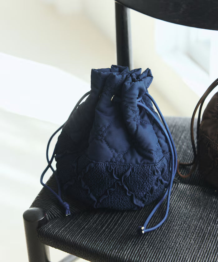 Flower Quilt Patchwork Drawstring Bag - Navy