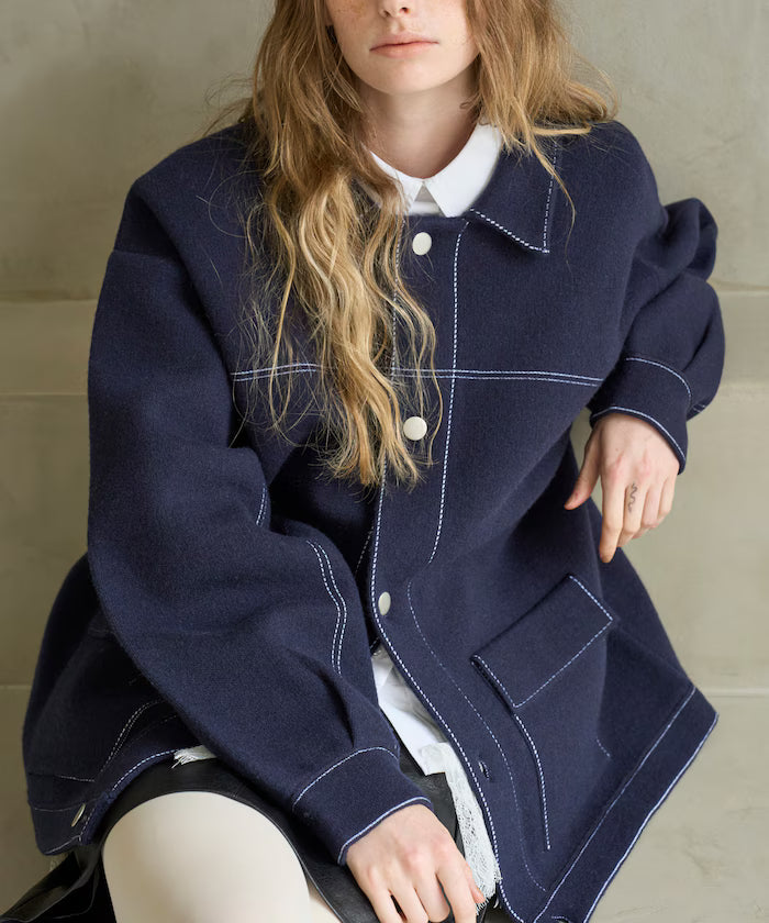 Oversized Wool Blend Knit Coverall / Color Stitch Knit Jacket - Dark Navy