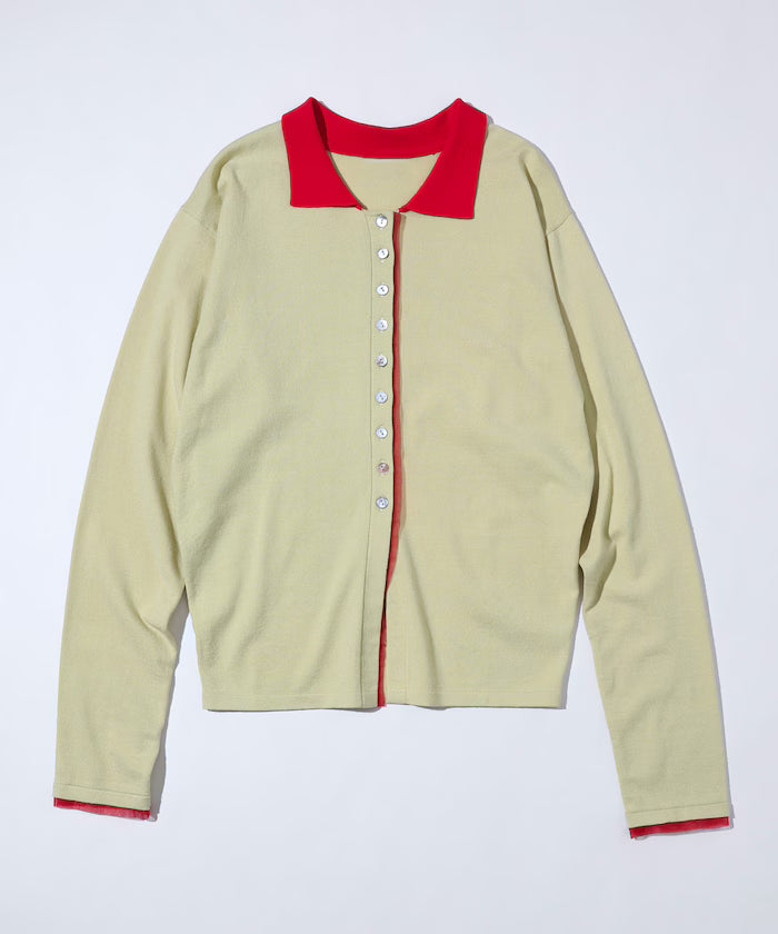 Color Design Fake Layered Long Sleeve Polo Knit Cardigan