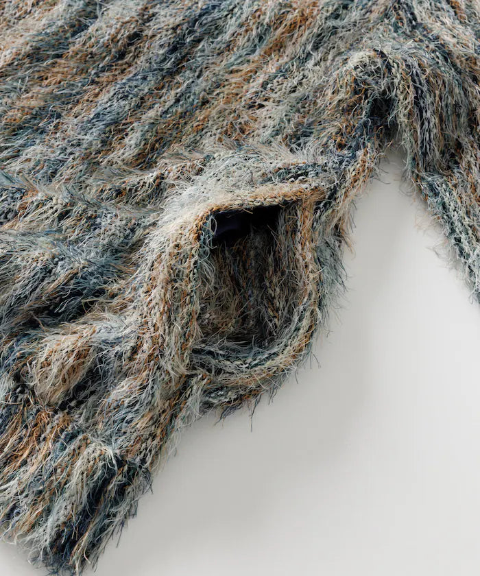 Relaxed Fit Shaggy Knit Multi-Stripe Cardigan