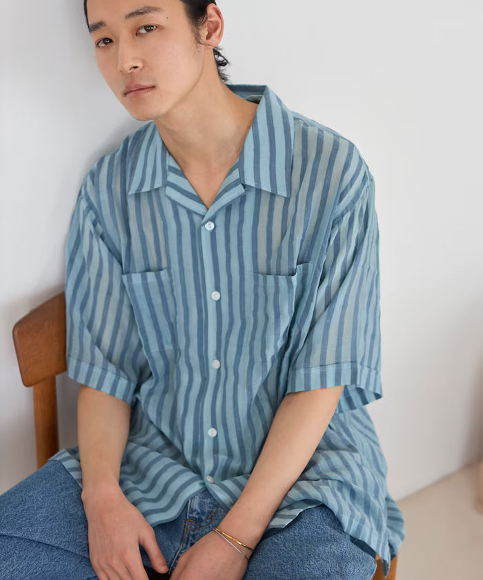 Indian-made Relaxed Fit Wide Stripe Sheer Sucker Open Collar Short Sleeve Shirt