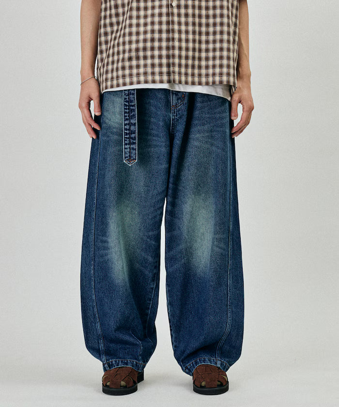 BELTED WIDE DENIM - Sax