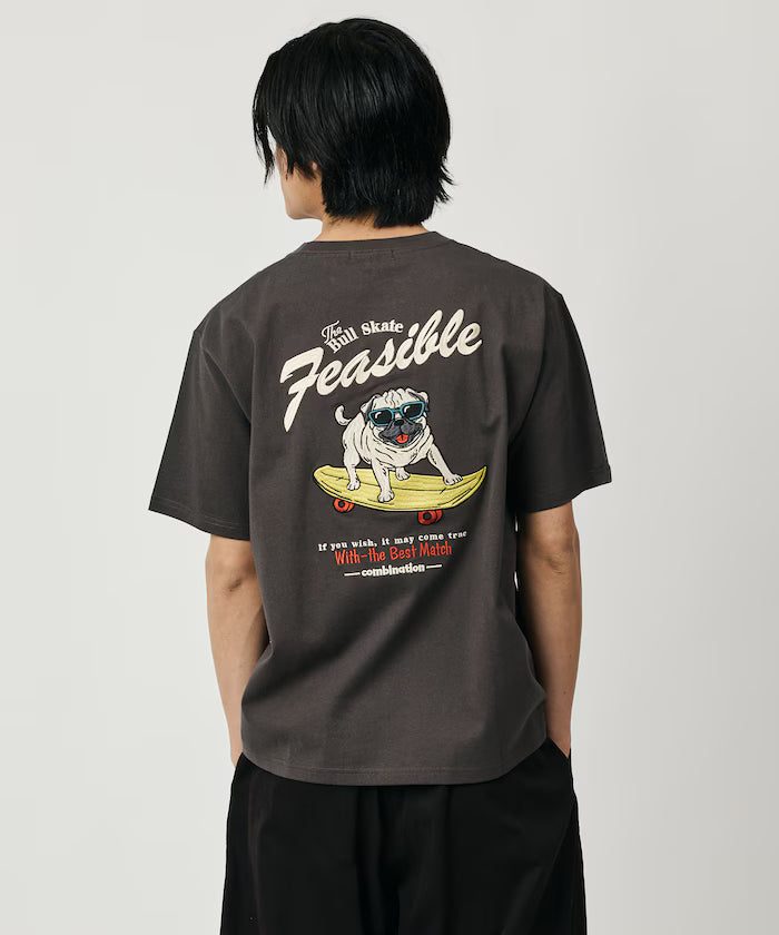 Relaxed Fit Back Embroidery Design Crew Neck T-Shirt / Dog 【Limited Edition】 - Charcoal Gray