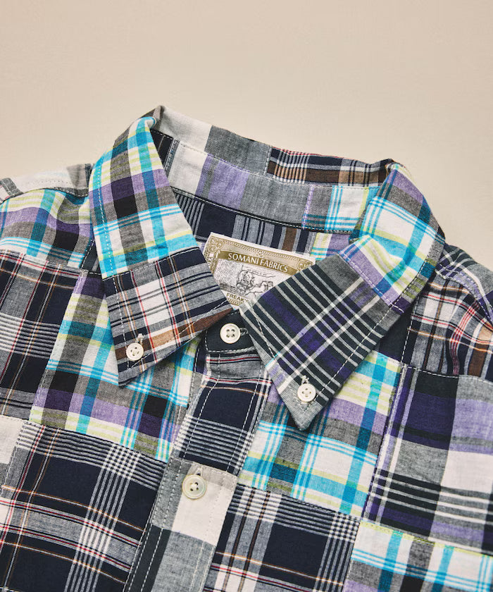 Indian-made Relaxed Fit Madras Check Patchwork Button-down Short Sleeve Shirt