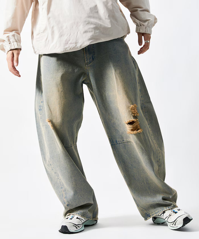 Wide Silhouette Curve Damaged Denim Pants