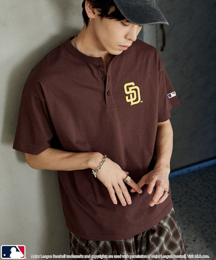 Limited Edition Custom MLB Logo Print Henley Neck Oversized T-Shirt - Brown